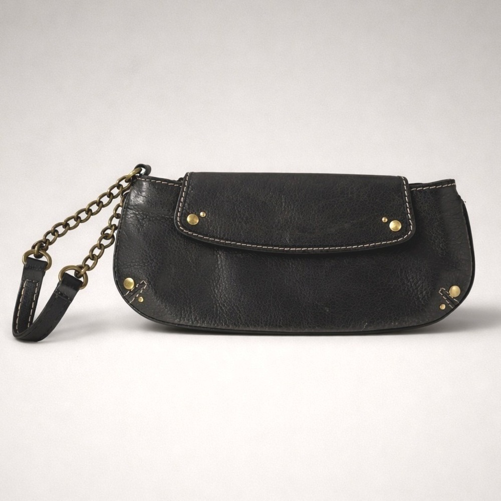 Fossil Wristlet Clutch Womens Small Black Excellent Leather Chain Studded Y2K